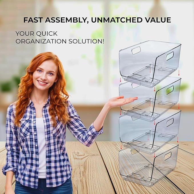 TidyFriend Plastic Stackable Bins for Pantry, 4 Pack Stacking Bins Open Front, Toy Organizers, Kitchen, and Bathroom Essentials (Clear- Hole Handle)