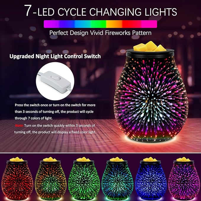 EQUSUPRO Wax Melt Warmer Wax Melter Wax Burner for Scented Wax Electric Fragrance Warmer for Wax Cubes & Tarts, Vivid 3D Design 7 Colors LED Light Gift & Decor for Home Office Studio (Fireworks-PTC)