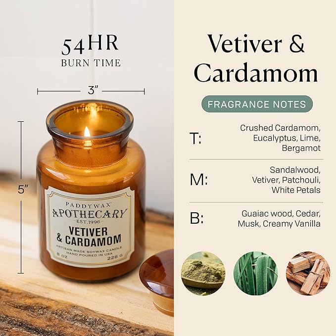 Paddywax Artisan Apothecary Scented Candle with Lid in Reusable Glass Jar, Clean-Burn Soy Candle with Approx. 54 Hour Burn Time, Vetiver & Cardamom, 8 oz.