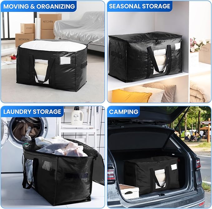 TAILI Extra Large Moving Bags, 10 Pack Black Heavy Duty Totes For Storage with Visible Window, Wrap Around Handles, Storage Bags for Space Saving, Alternative to Moving Boxes