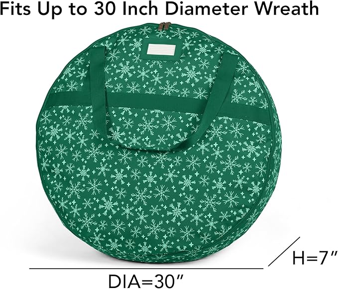 Covermates Keepsakes Wreath Storage Bag – Heavy-Duty Polyester with Buckle Straps & Interior Pouch – Protective Holiday Wreath Organizer with Handles, D-Ring & Label Window, Green Snowflake