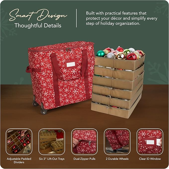 Covermates Keepsakes Rolling Adjustable Ornament Storage Bag – Heavy-Duty Polyester, FlexGrid Trays & Padded Dividers – Protective Holiday Organizer with Wheels, Handles & ID Window, Red Snowflake