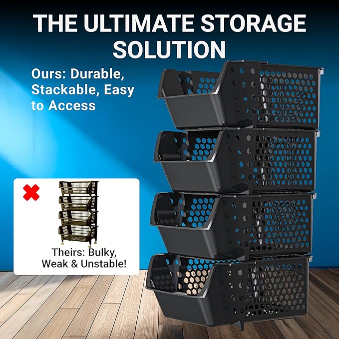 Skywin TidyFriend Stackable Storage Bins for Pantry, 4 Pack Stackable Bins for Organizing Snacks, Toiletries, and Small Essentials (Black)