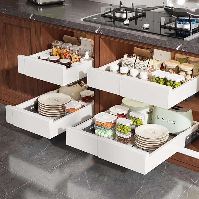 2 Pack Pull Out Cabinet Organizer Expandable Width(11"-16") and Depth(13"-17"),Slide Out Drawers With Raising Pad for Framed Cabinets,No Drill Roll Out Shelves for kitchen,Bathroom,White