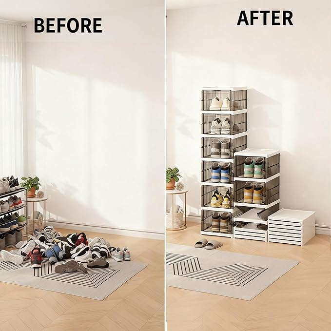 Shoe Storage Organizer Box 6-Tier Foldable Collapsible Stackable Shoe Rack Bins, Fit Size 12, No Assembly, for Men and Women (Transparent gray)