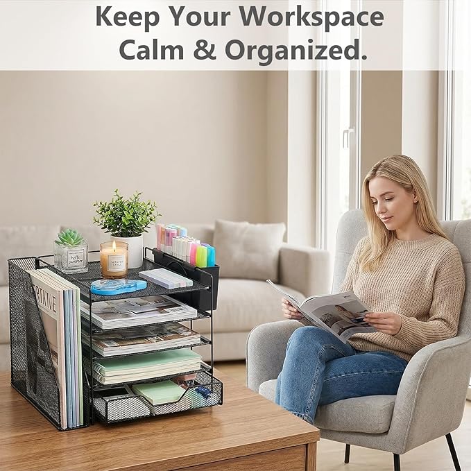 Desk Organizer, 5-Tier Paper Letter Tray Organizer with File Holder, Drawer and Pen Holder, Desktop Organizer for Office Supplies, Black