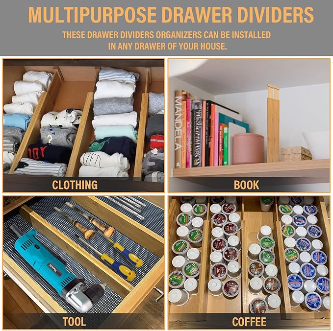 Bamboo Drawer Dividers,Kitchen Drawer Dividers Adjustable,Expandable Drawer Dividers Organizer for Kitchen large Utensils, Dressers Bathroom,Clothes,Office,Drawer Organization Separators(17.7-22 in)