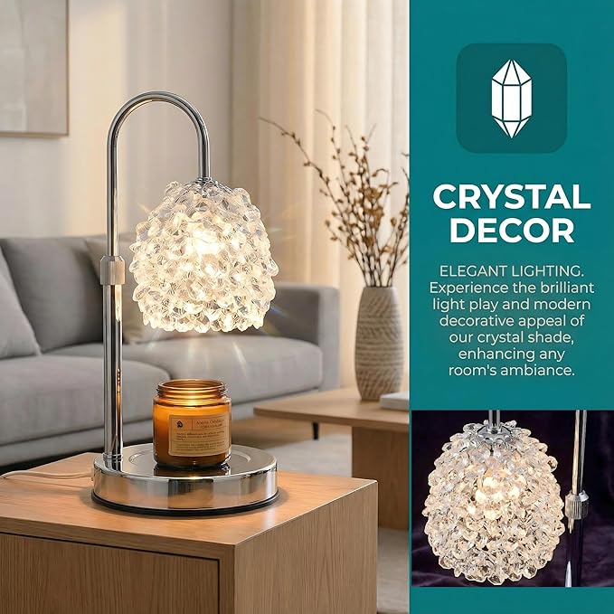 Candle Warmer Lamp with Timer & Dimmer, Adjustable Height Candle Lamp, Hand-Embedded Glass Crystal Lampshade, Valentine’s Day Gifts for Women/Mom, Wax Warmer for Home Decor (Silver)