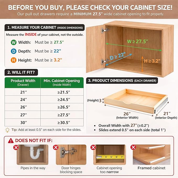 Menkxi 2 Set Wooden Pull out Cabinet Organizer Fully Assembled Slide out Pantry Drawer with Gentle Close Storage Shelf Tray for Base Kitchen Under Sink Bathroom Accessory(Wood Color,27'' X 21'' X 3")