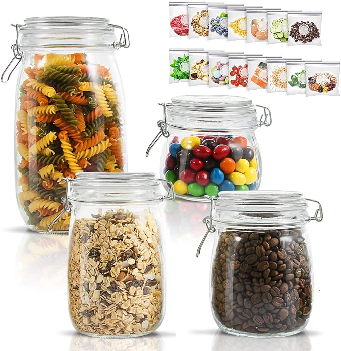 MASTERTOP 4pcs Glass Jars, Food Storage Containers Set with Airtight Lids, Canister Sets for Kitchen Counter, Cookies Sugar Coffee Nuts Spices, 15pcs Reusable Food Storage Bags, 50oz, 33oz, 26oz, 17oz