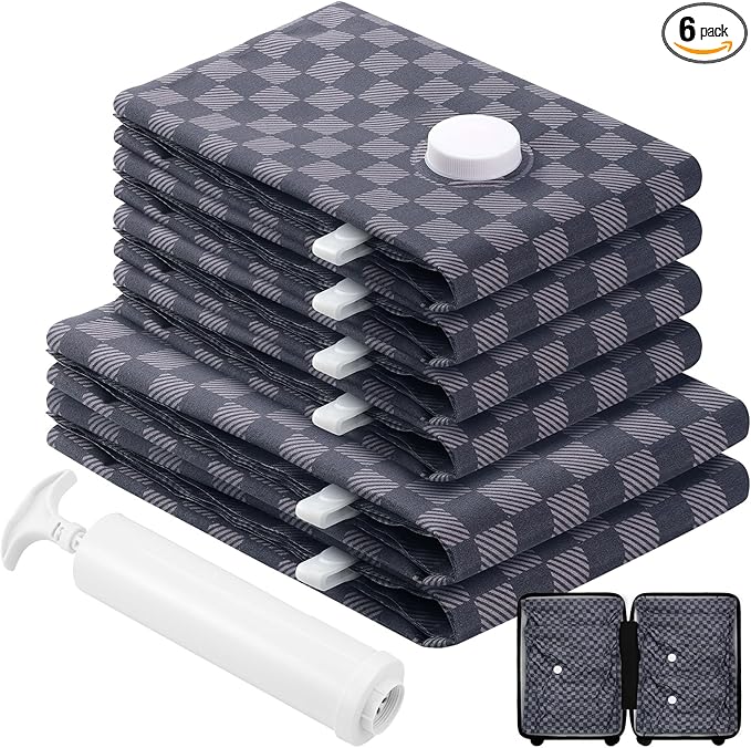 6 Pack Cloth Vacuum Storage Bags, Vacuum Seal Bags for Clothing with Hand Pump, 2 Large+4 Medium, 80% Space Saver Bags for Luggage, Comforters,Blankets, Home Travel Essentials (Dark Blue Checkered)