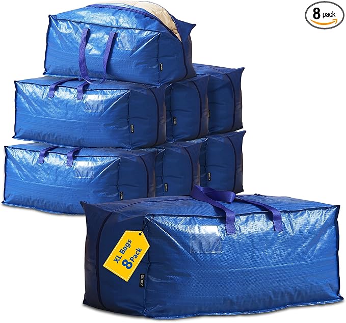 AXIESO Extra Large Moving Bags - 8-Pack Heavy Duty Storage Duffel - Sturdy Backpack Straps Handles, Zippers - Reusable Moving Storage Bags for Clothes - Folding Collapsible Storage Tote Bag Set – Blue