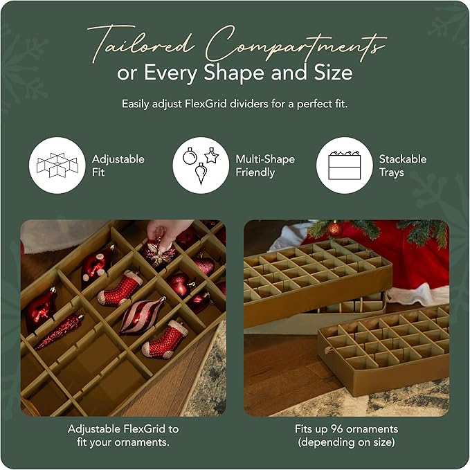 Covermates Keepsakes Adjustable Ornament Storage Bag – Heavy-Duty Polyester, Padded Dividers & FlexGrid Trays – Protective Holiday Ornament Organizer with Handles & Label Window, Green