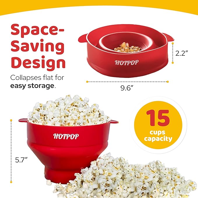 The Original HotPop Silicone Popcorn Maker - Microwave Popcorn Popper - Collapsible Bowl, Heat-Resistant, Easy to Clean, Ideal for Family Movie Nights, 15-Cup Capacity - Cherry (Pack of 2)