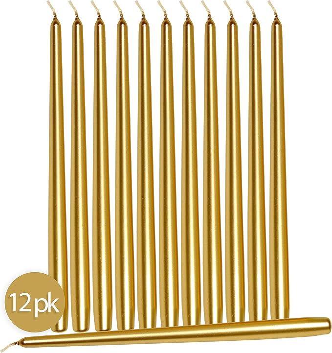 Hyoola Tall Taper Candles - 10 Inch Metallic Gold Dripless, Unscented Dinner Candle - Paraffin Wax with Cotton Wicks - 8 Hour Burn Time (Pack of 12)