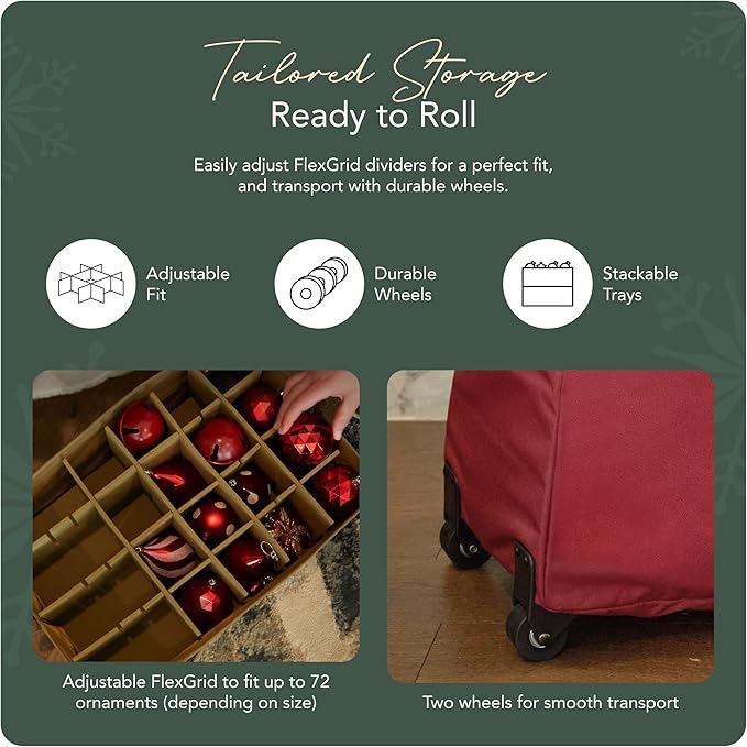 Covermates Keepsakes Rolling Adjustable Ornament Storage Bag – Heavy-Duty Polyester, FlexGrid Trays & Padded Dividers – Protective Holiday Organizer with Wheels, Handles & ID Window, Red