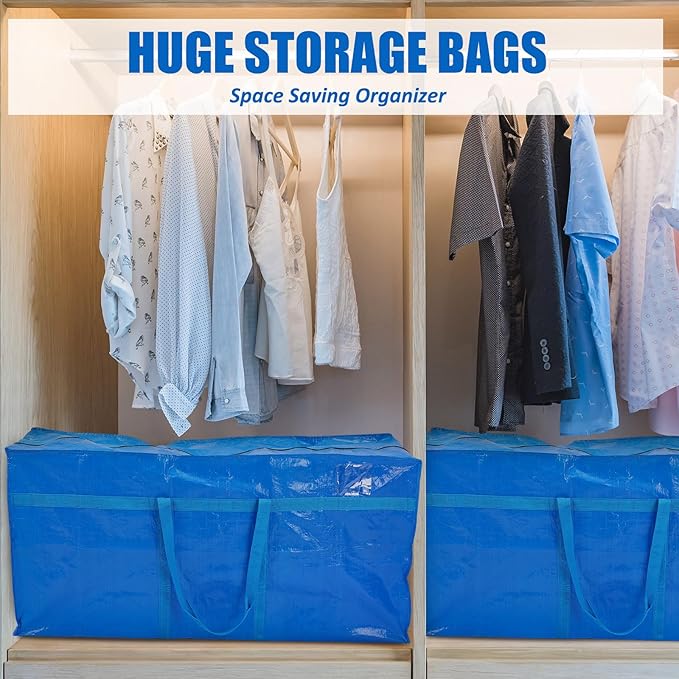 Windyun 4 Pack 121 Gallon Extra Large Moving Bags XXL Heavy Duty Storage Bag with Strong Zipper Handle Jumbo Big Tote Box Foldable for College Dorm Travel Clothes Duffle Blanket Pillow(Blue)