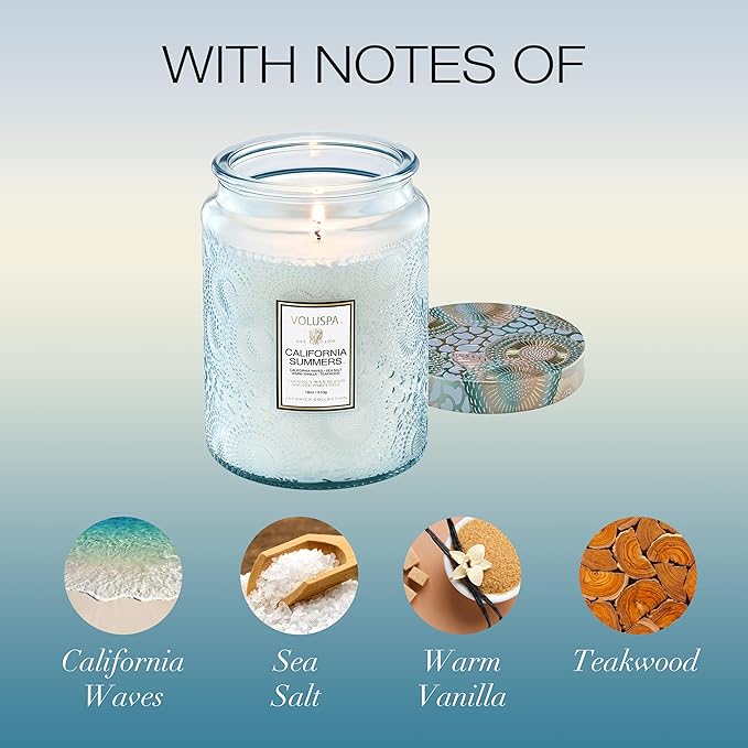 Voluspa California Summers Candle Jar, 18 oz, Coconut Wax Blend, Large Scented Candles for Home, 100 Hour Burn Time, Poured in The USA