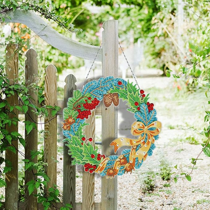 5D Diamond Art Spring Wreath with LED Light String DIY Summer Wreath Diamond Art Painting Hanging Ornaments Special Shaped Crystal Paint by Number Embroidery Kits Front Door Garden Spring Decorations