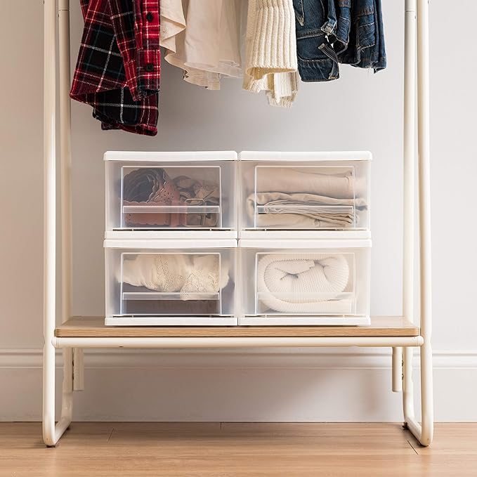 IRIS USA 7 Qt. Small Plastic Stacking Drawer, Stackable Storage Organizer Unit with Sliding Drawer for Bedroom Kitchen Under Sink Pantry Craft Room Dorm Office, White, 4-Pack