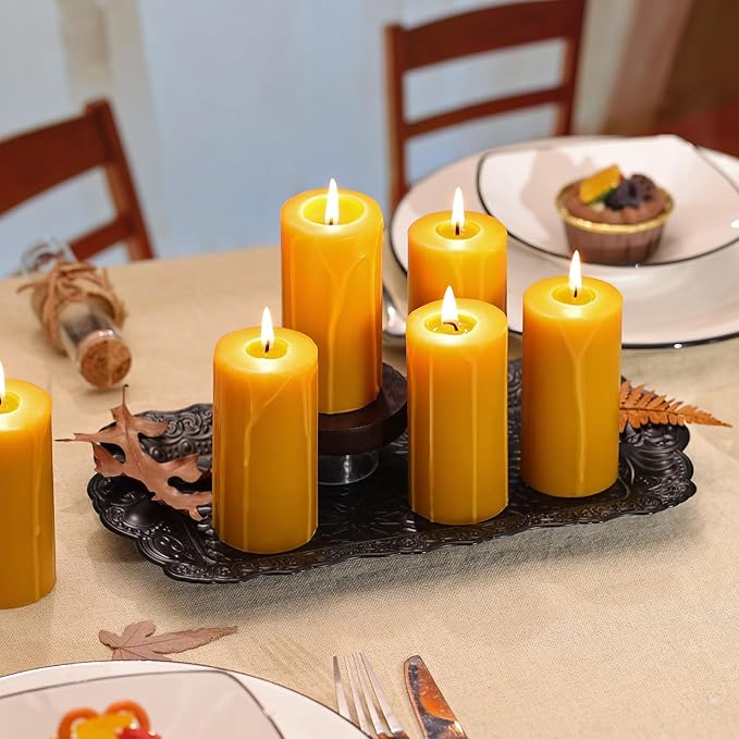 6pcs Natural Beeswax Pillar Candles 2x4inch, Hand-Dripped Pure Beeswax Candles with 210 Hours Long Burning, Dripless Smokeless Organic Pillar Candles for Home Decor, Emergency, Prayer