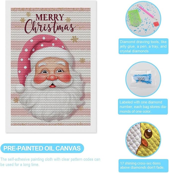 AIVKIEJK Diamond Painting Kits for Adults - Merry Christmas Santa Painting DIY 5D Full Drill Diamond Dots Paintings with Diamonds Gem Art and Crafts Home Decor 8"x12"