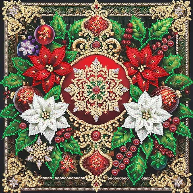 Xmas Flower 5D Special Shape Diamond Art Kits for Beginners, Christmas Winter Theme Diamonds Painting Kits for Adults,DIY Crystal Rhinestones Diamond Paintings for Home Wall Decor 12×12Inch