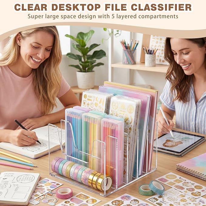 Wenqik Clear Acrylic Desktop File Organizer Vertical File Sorter 4mm Thick, Large Capacity Upright Magazine Organizer, Book Paper, Notebooks, Envelopes, Mail Holder(5 Section)