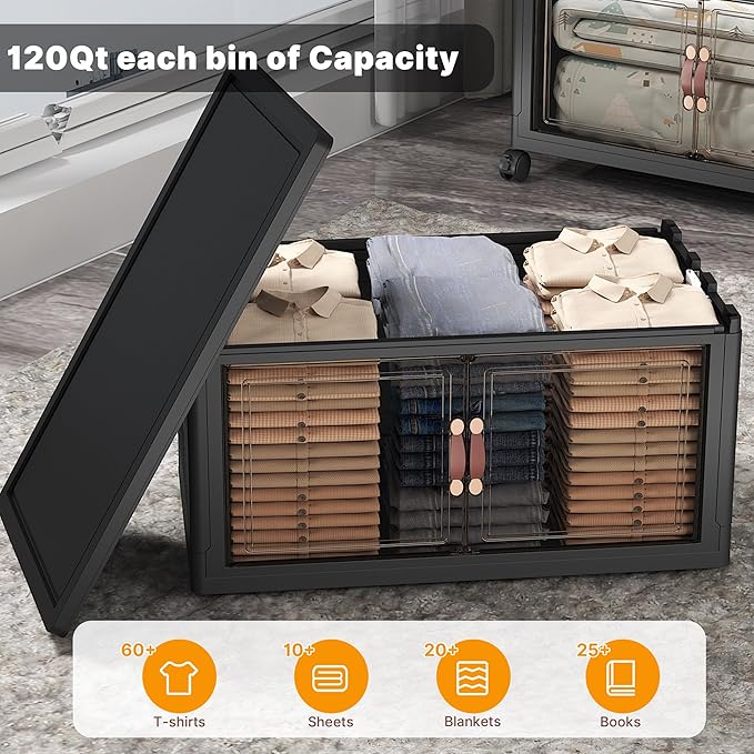 Stackable Storage Bins with Lids & Wheels & Door, Foldable Collapsible Closet Organizers, Extra Large Plastic Storage Drawers for Bedroom Dorm Office Garage (Dark-112QT, 3Pack with 1 top lid)
