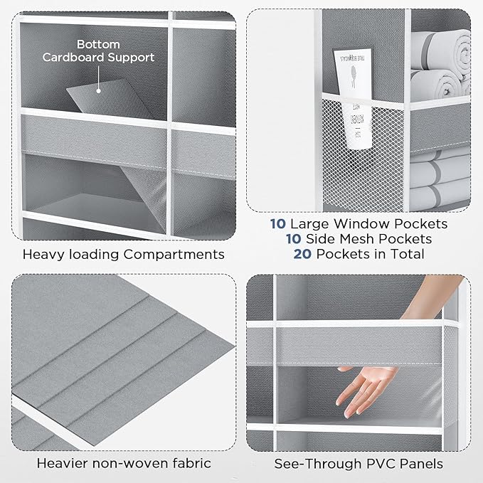 PureSpace 5-Tier Over the Door Organizer, 10 Side Mesh Pockets & Clear Windows, 80LBS Heavy Duty Hanging Storage for Baby Diapers, Shoes, Toys – Ideal for Nursery, Bathroom, Bedroom, Pantry (Grey)