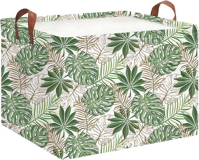Rectangle Storage Basket with Handles,Collapsible Storage Bin,Books Box,Gift Basket(Golden Monstera)