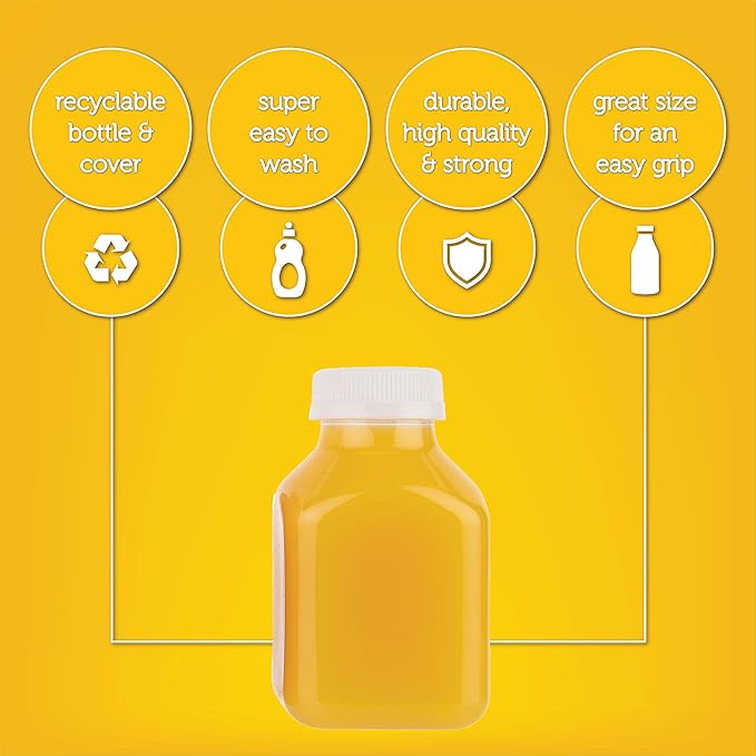 Disposable Plastic Juice Bottles-8 Oz with Lids | 24 Pack | for Water, Orange Apple Lemon Juicing, Smoothies, Milk, Reusable, BPA Free, Tamper-Proof Caps, Catering, Takeout