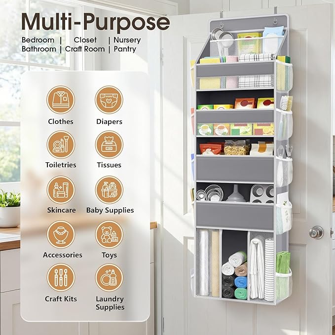 WISELIFE 5-Tier Over the Door Organizer for Hanging - 50LB Heavy-Duty Back of Door Organizer with 5 Spacious Pockets & 13 Mesh Pockets, Multipurpose Storage for Nursery, Bedroom, Closet(1 Pack, Gray)