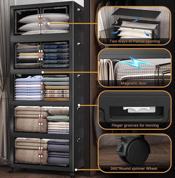 Extra Large Stackable Storage Bins with Lids & Wheels, Foldable Collapsible Closet Organizers Dark Storage Cabinet with Doors for Bedroom Dorm