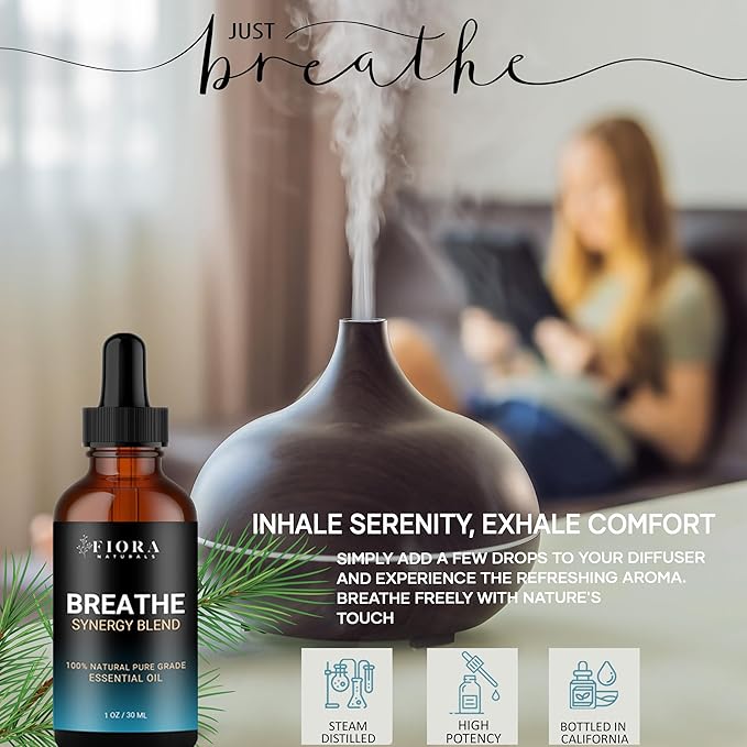 Breathe Essential Oil for Diffuser - Essential Oil Blend with Eucalyptus, Peppermint and Tea Tree, Breathe Easy Essential Oil for Humidifier, Rub, and Aromatherapy 1 fl oz