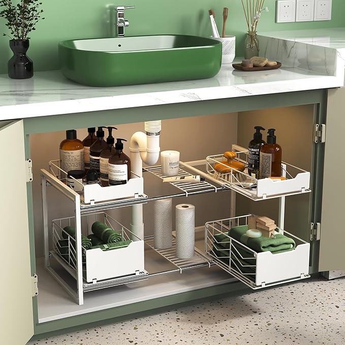 NETEL Pull Out Cabinet Organizer, Slide Out Drawers for Kitchen Cabinets, 2 Tier Expandable Pull Out Under Sink Organizers and Storage, 4 Pull-Out Metal Baskets, (21.5-31.64)" W X 14.69" D X 15.83" H