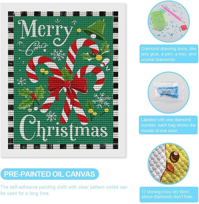 AIVKIEJK Diamond Painting Kits for Adults - Festive Merry Christmas Red Bow, Candy Cane & Bell Painting DIY 5D Full Drill Diamond Dots Paintings with Diamonds Gem Art and Crafts Home Decor 16"x20"