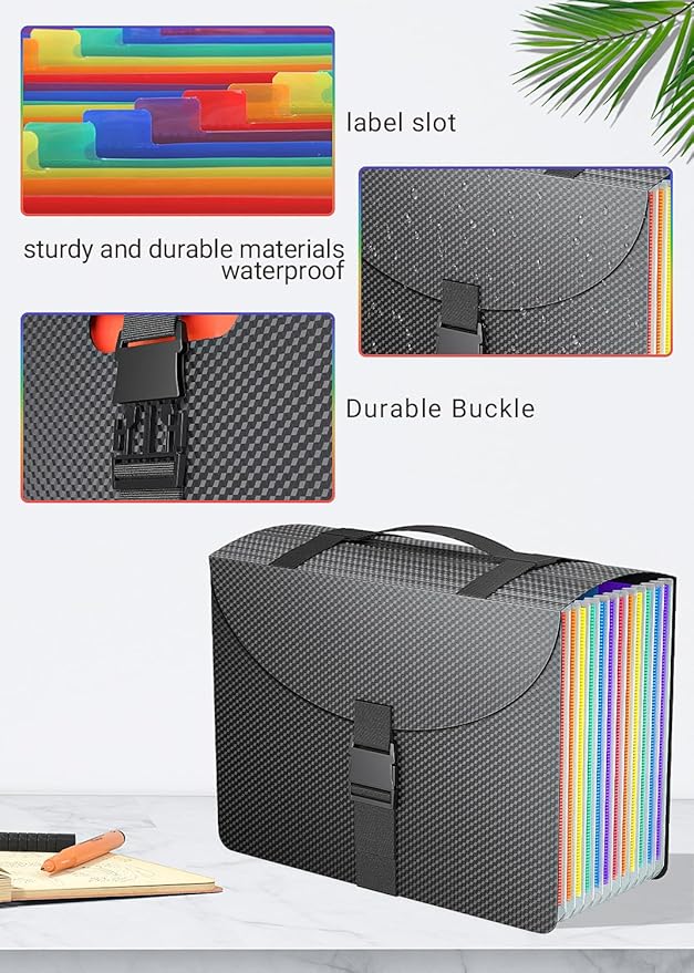 TOPCJ Expanding File Folders with Handle,Accordion File Organizer 13 Expandable Pockets,Portable Filing Box,Adjustable Support Strap,Colored Tabs,Paper Document Organizer,A4/Letter Size Diamond