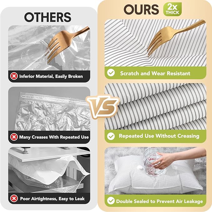 6 Pack Cloth Vacuum Storage Bags, Vacuum Seal Bags for Clothing with Hand Pump, 2 Large+4 Medium, 80% Space Saver Bags for Luggage, Comforters,Blankets, Home Travel Essentials(Stripe)