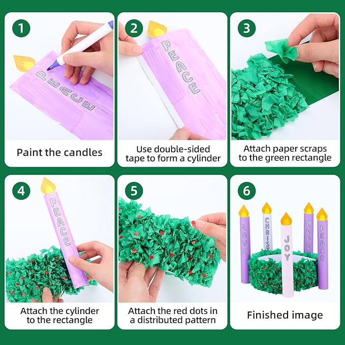 Eaasty 24 Set Christmas Advent Wreath Craft Kits Stand up Advent Tissue Paper Wreath Craft with Christ Peace Joy Love Hope Candle Paper DIY Holly Leaves Tissue for Christmas Activities