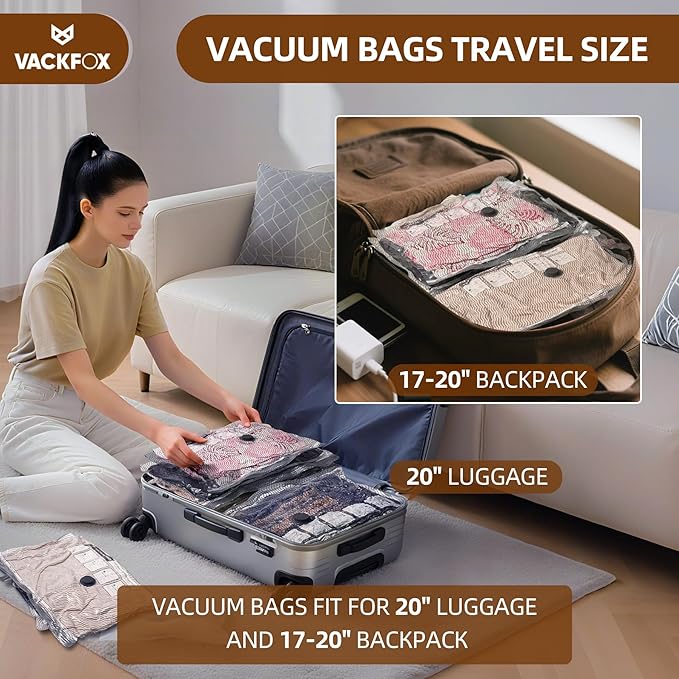 Travel Vacuum Bags with Rechargeable USB Pump, 6 Pack Carry-On Size Vacuum Travel Bags for Luggage & Suitcase, Vacuum Bags for Travel, Space Saver Compression Bags for Clothes & Clothing