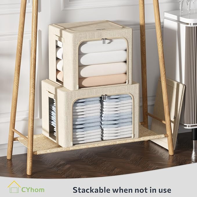 4 Pack Clothes Storage Bins with Metal Frame - Linen Fabric Foldable Stackable Container Organizer Set with Clear Window & Carry Handles & Zippers (Beige, 23.6"x16.5"x15.7")