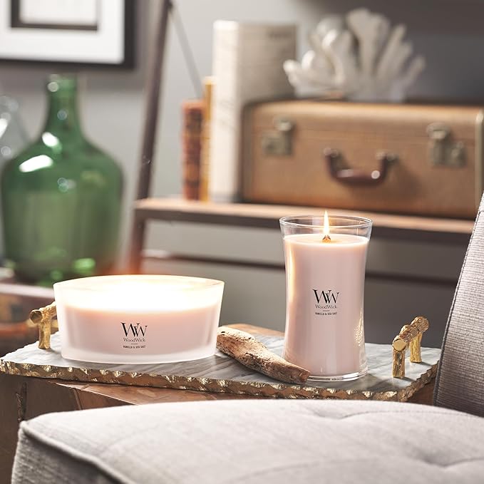 WoodWick Vanilla Sea Salt Large Hourglass Candle Premium Soy and Paraffin Wax Blend Pluswick Innovation Wood Wick