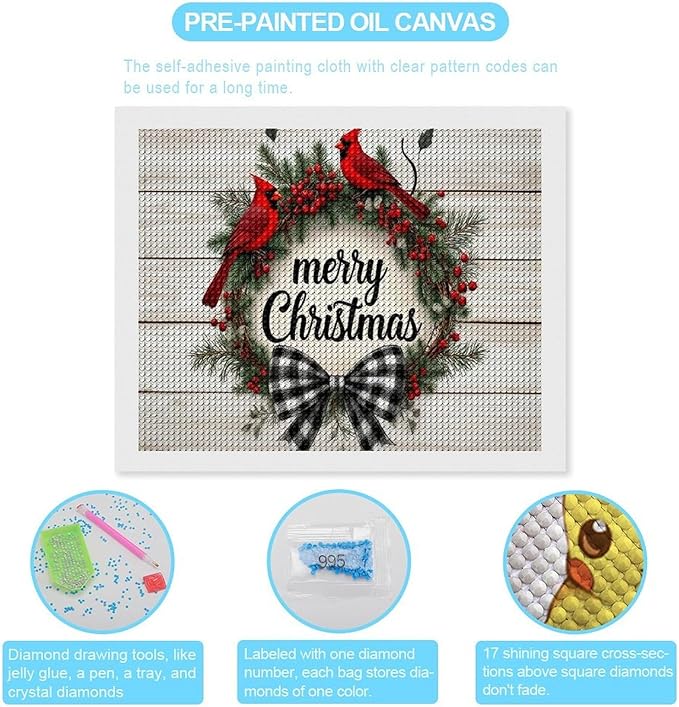 AIVKIEJK Diamond Painting Kits for Adults - Christmas Red Cardinal Birds Wreath Painting DIY 5D Full Drill Diamond Dots Paintings with Diamonds Gem Art and Crafts Home Decor 16"x20"