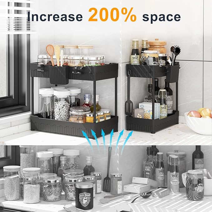 2 Pack Under Sink Organizer, Under Bathroom Cabinet Organizer with Hooks Hanging Cup, Multi-Purpose Storage Shelf for Kitchen Bathroom (Black, 14.8 Inch)