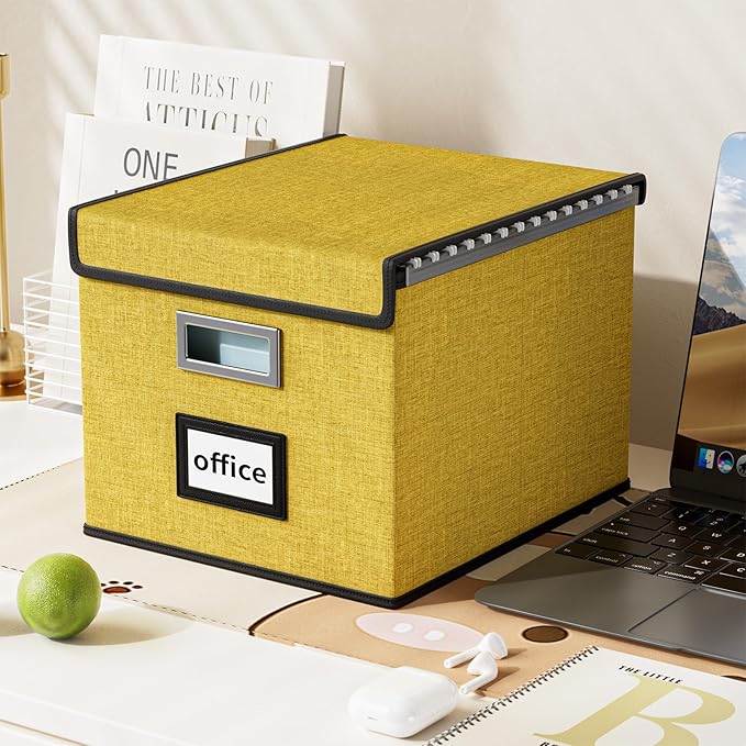 Huolewa File Organizer Box with Lid, Collapsible File Folder Organizer for Office Document Storage, Filing Box with Plastic Slide for Letter Size Hanging Files(1 Pack, Yellow)