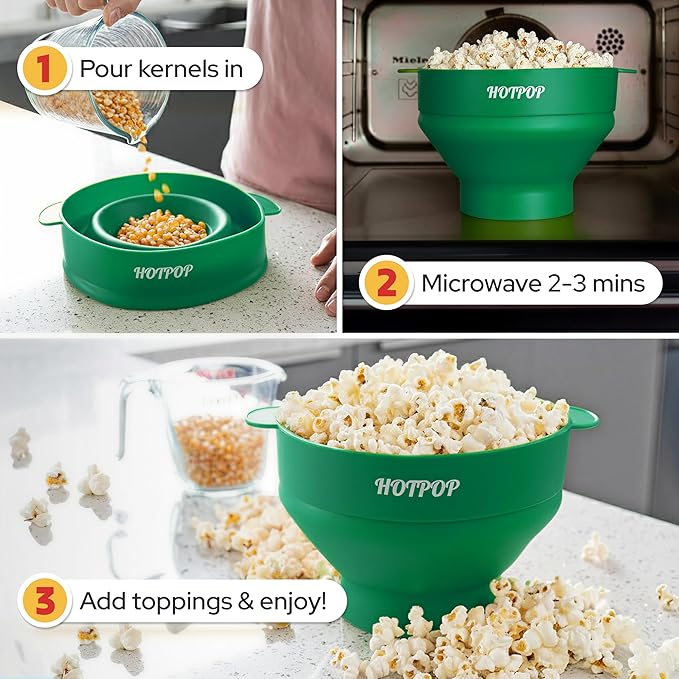 The Original Hotpop Microwave Popcorn Popper, Silicone Popcorn Maker, Collapsible Bowl BPA-Free and Dishwasher Safe- 20 Colors Available (Olive Green)
