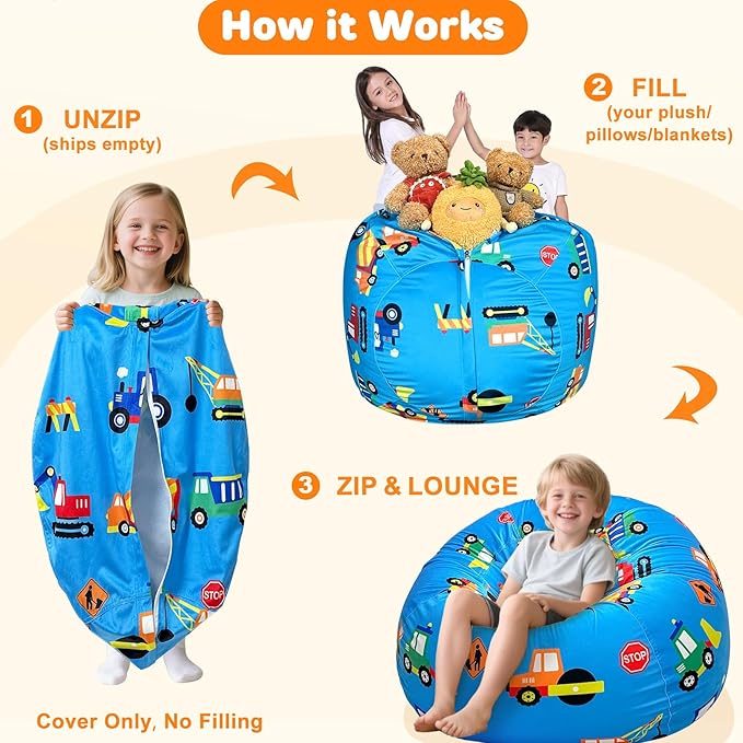 Lukeight Stuffed Animals Storage Bean Bag Chair Cover Only (Ships Empty, No Filling) - Velvet YKK Zipper Beanbag Cover for Big Kids Teens, Washable Plush Toy Organizer, XX-Large 36" D x 20" H