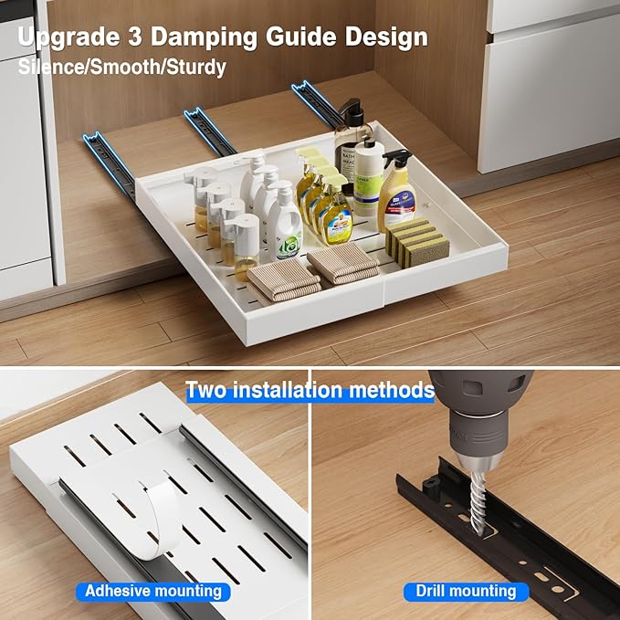 MUSTORN 2 Pack Pull Out Cabinet Organizer Expandable, 21"Deep Slide Out Drawer for Cabinets Adhesive Pull Out Drawers Heavy Duty Pull Out Shelves for Kitchen, Cupboard, Pantry, Bathroom(White)