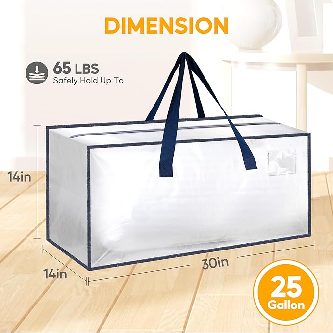 HealSmart 4 Pack Extra Large Moving Bags with Zippers & Carrying Handles, Heavy-Duty Storage Tote Moving Boxes for Dorm Room Essentials Storage Bags, Clear